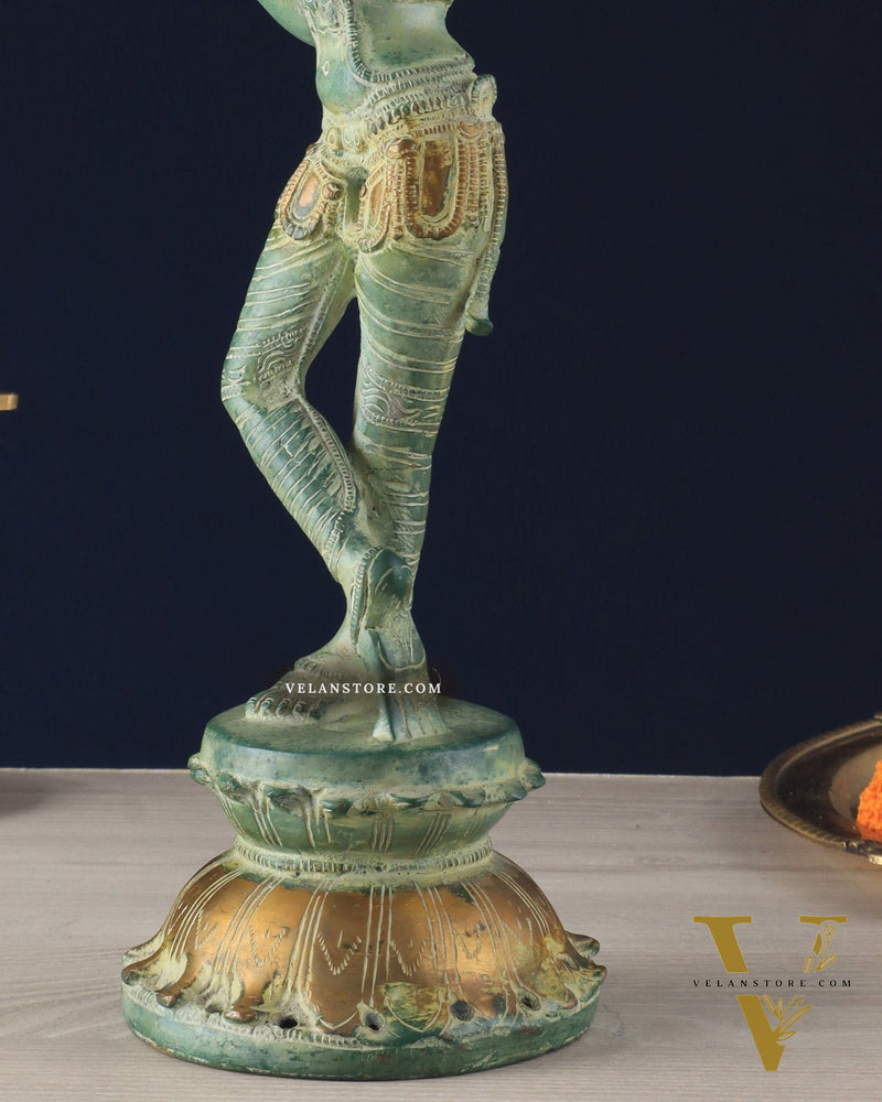 Pure Brass Krishna Statue with Green Stone Finish – Divine Lord Krishna Idol (15 Inches)