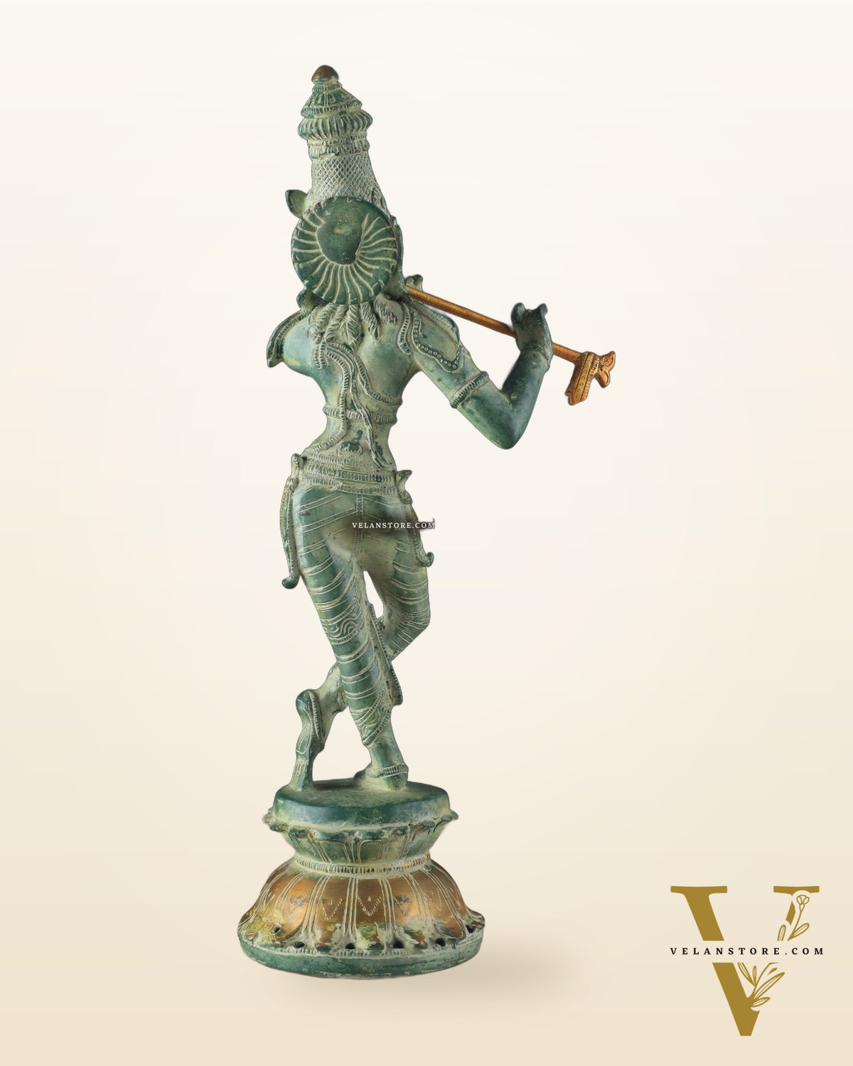 Pure Brass Krishna Statue with Green Stone Finish – Divine Lord Krishna Idol (15 Inches)