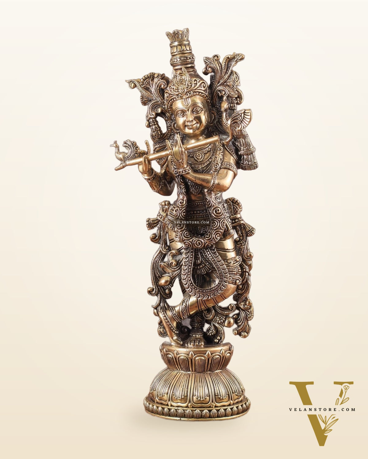 Pure Brass Krishna Superfine Statue with Intricate Carvings 16"