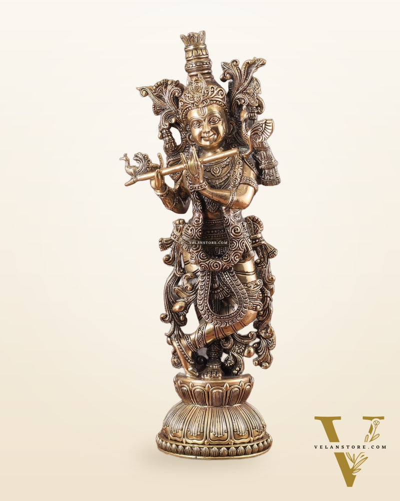 Pure Brass Krishna Superfine Statue with Intricate Carvings 16"