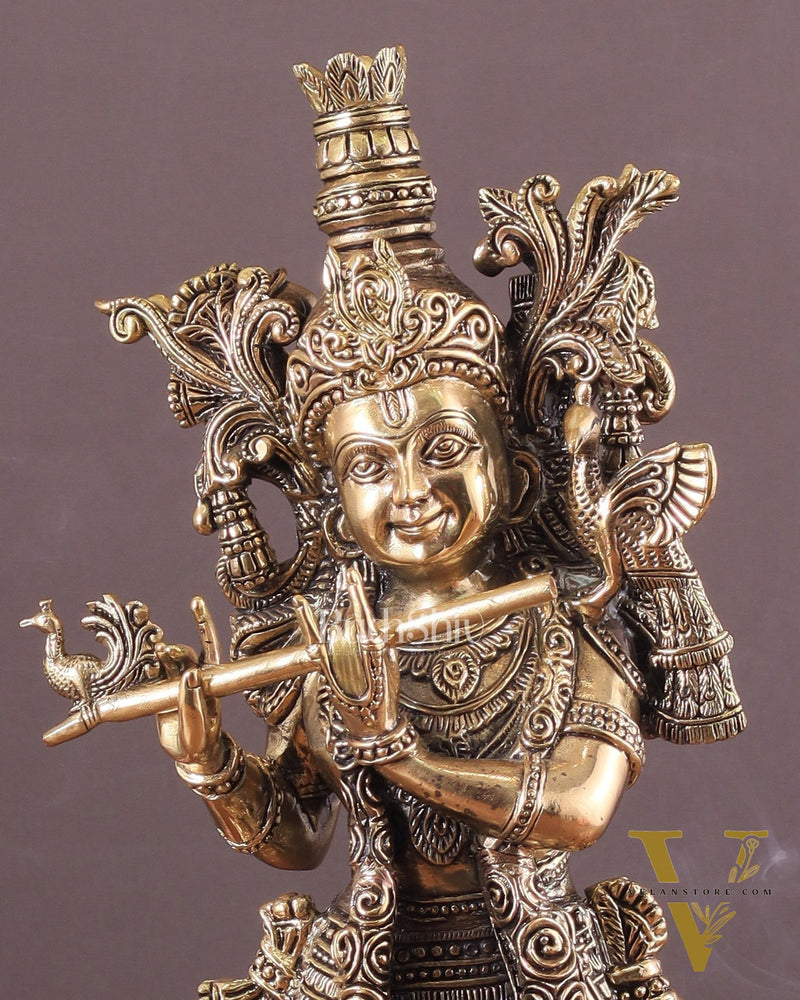 Pure Brass Krishna Superfine Statue with Intricate Carvings 16"