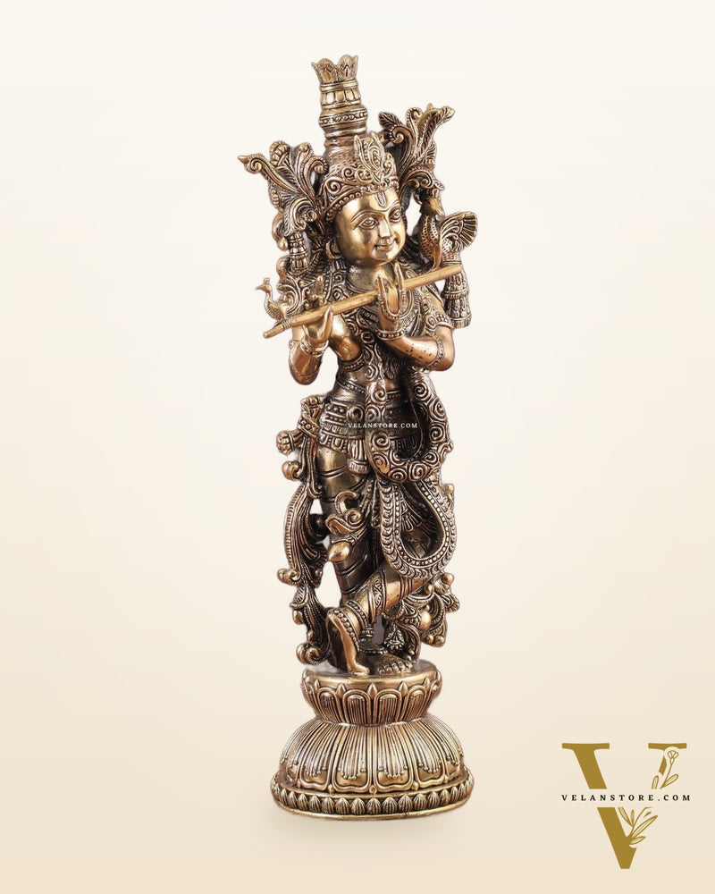 Pure Brass Krishna Superfine Statue with Intricate Carvings 16"