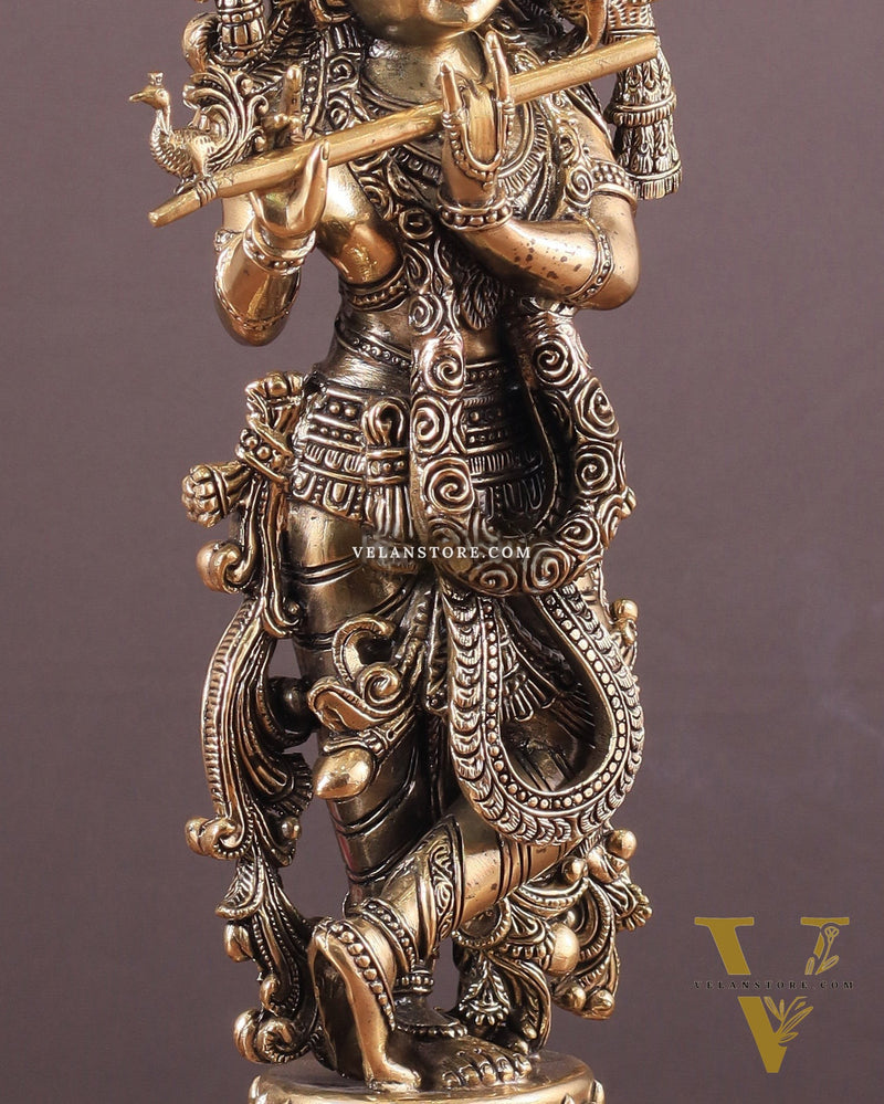 Pure Brass Krishna Superfine Statue with Intricate Carvings 16"