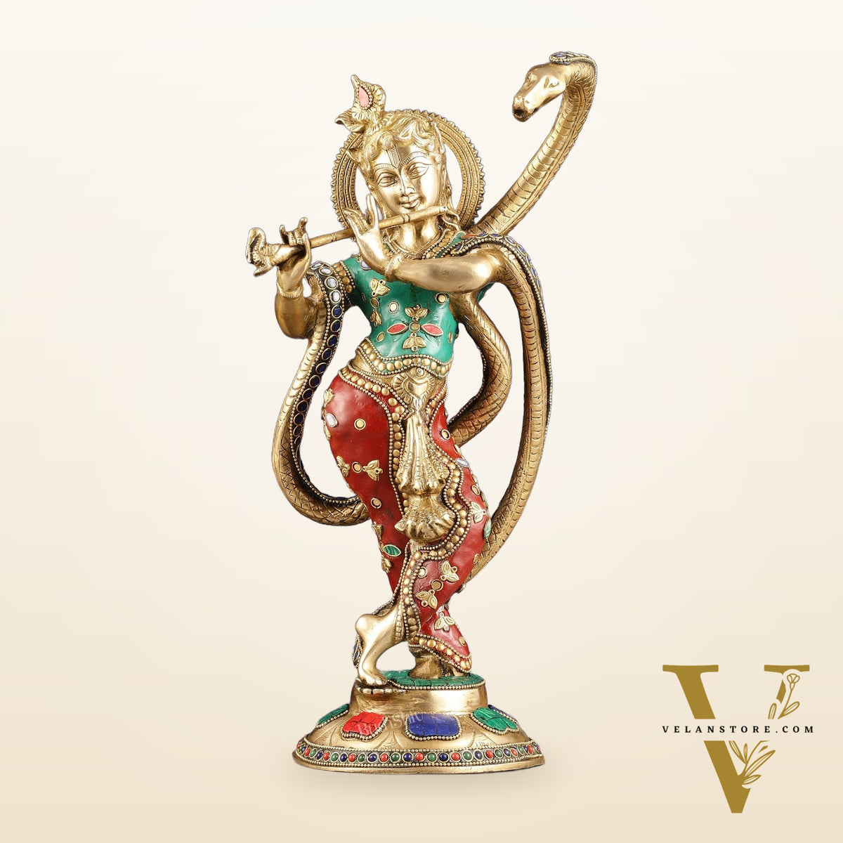 Pure Brass Krishna Surrenders to Kaliya naag Idol 15"