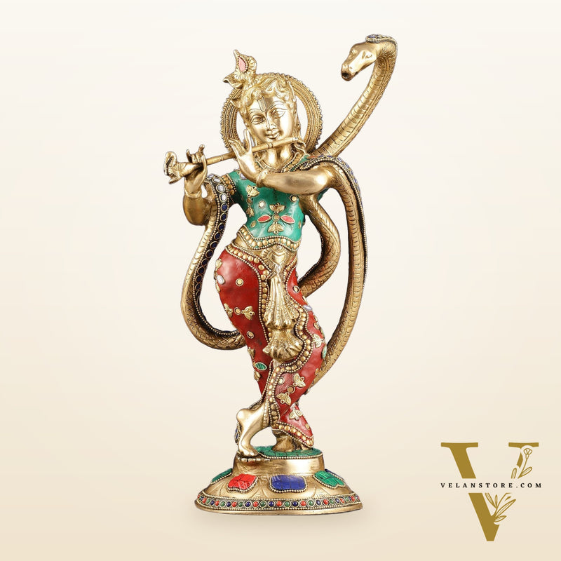Pure Brass Krishna Surrenders to Kaliya naag Idol 15"