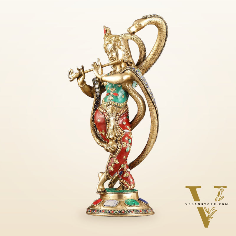 Pure Brass Krishna Surrenders to Kaliya naag Idol 15"