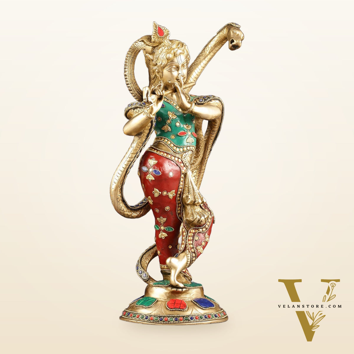Pure Brass Krishna Surrenders to Kaliya naag Idol 15"
