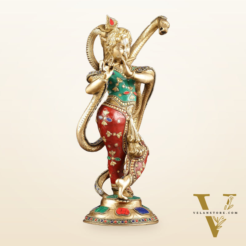 Pure Brass Krishna Surrenders to Kaliya naag Idol 15"