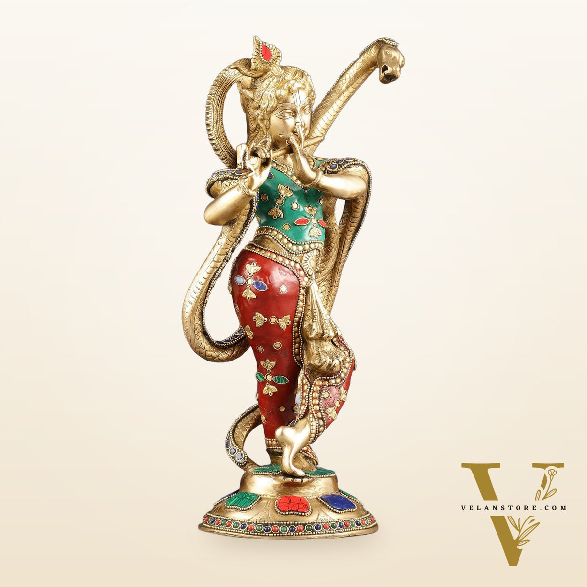 Pure Brass Krishna Surrenders to Kaliya naag Idol 15"
