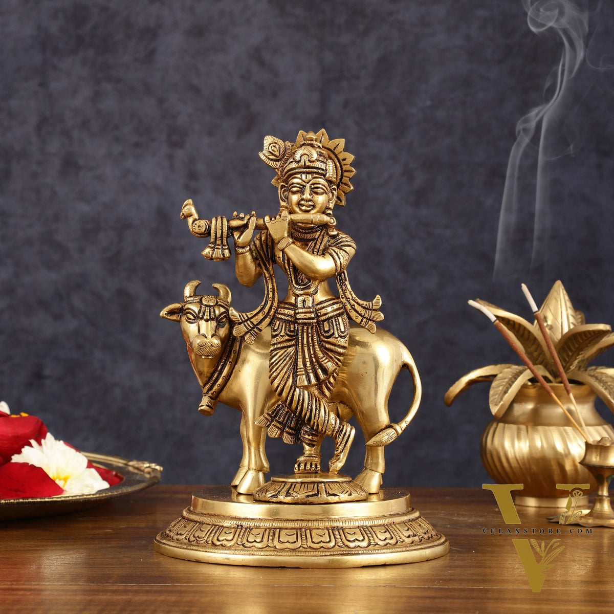 Pure Brass Krishna with Cow Idol - 8" Height