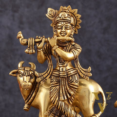 Pure Brass Krishna with Cow Idol - 8" Height