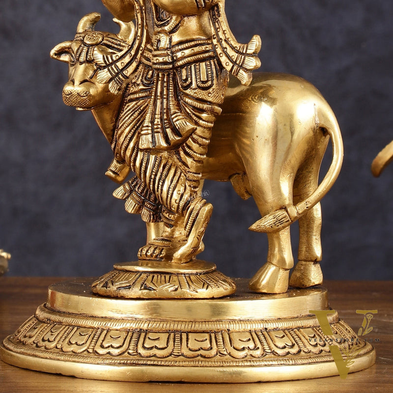 Pure Brass Krishna with Cow Idol - 8" Height