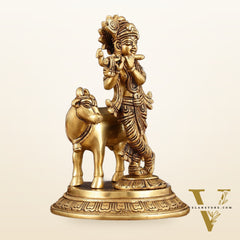 Pure Brass Krishna with Cow Idol - 8" Height