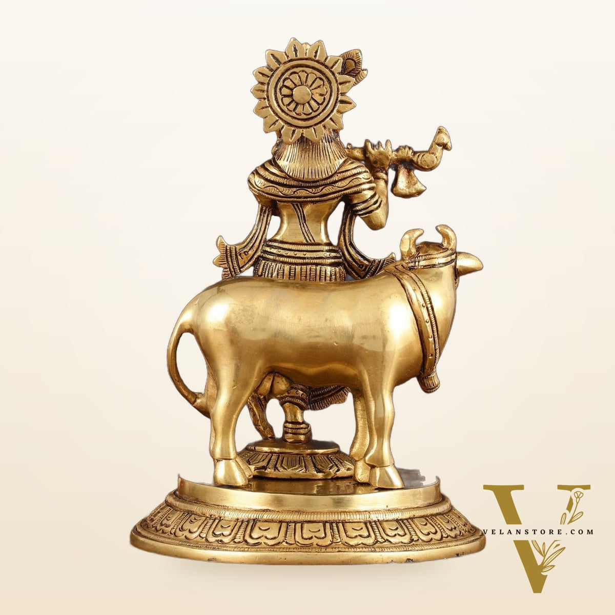 Pure Brass Krishna with Cow Idol - 8" Height