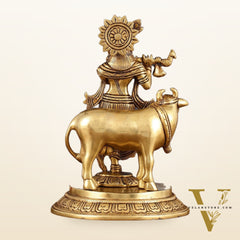 Pure Brass Krishna with Cow Idol - 8" Height