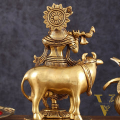 Pure Brass Krishna with Cow Idol - 8" Height
