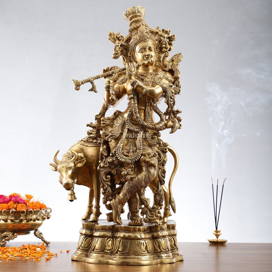 Pure Brass Krishna with Cow Idol: Divine Symbol of Love and Health, 26.5 inch