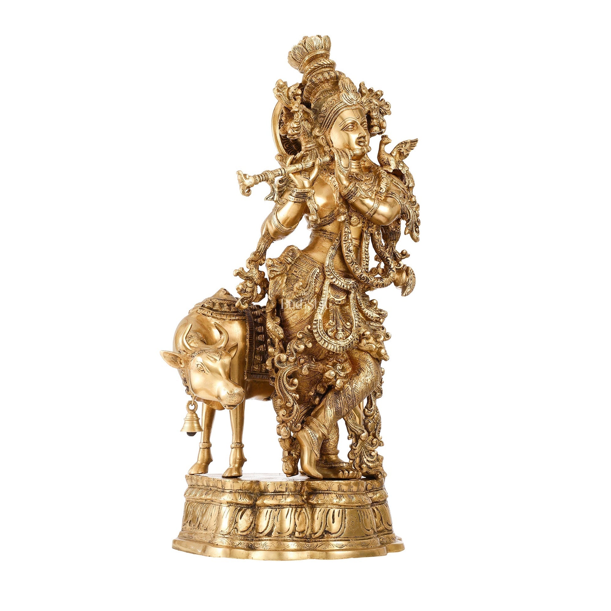 Pure Brass Krishna with Cow Idol: Divine Symbol of Love and Health, 26.5 inch