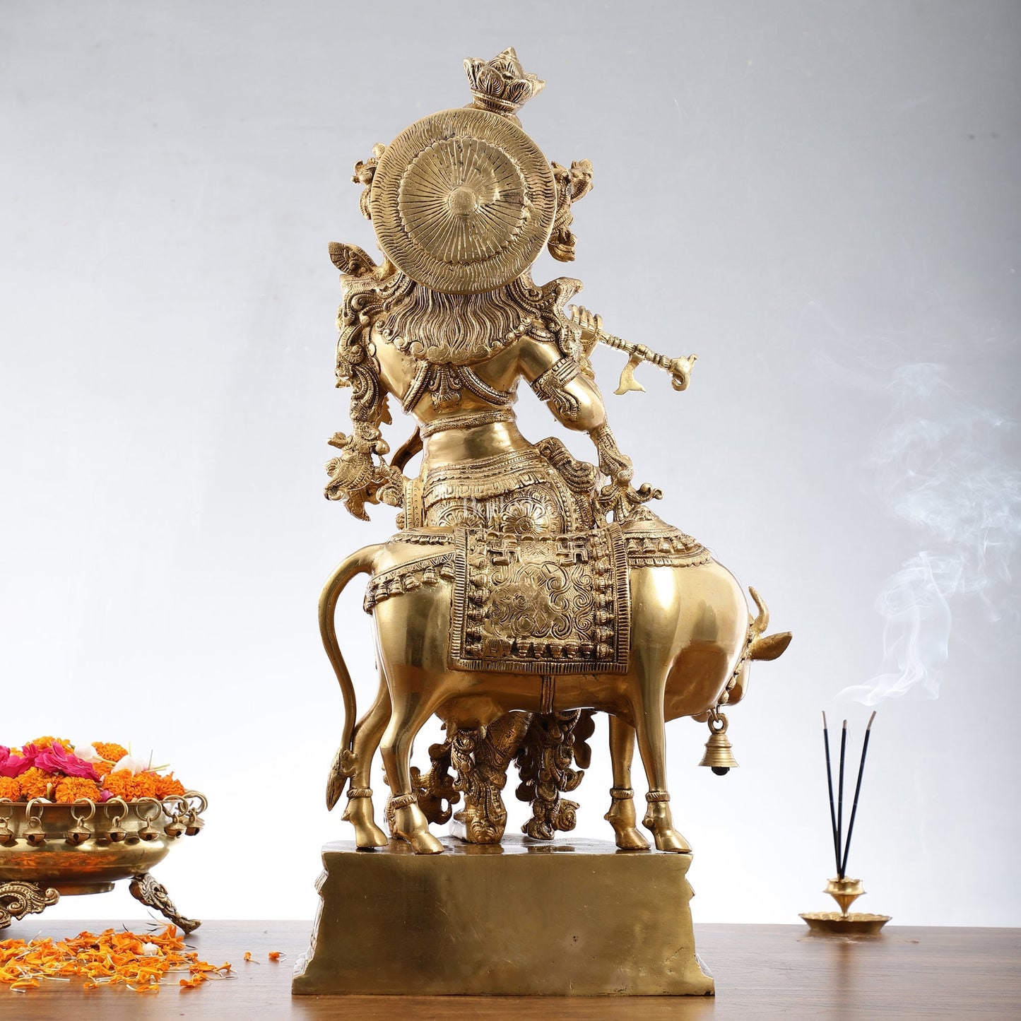 Pure Brass Krishna with Cow Idol: Divine Symbol of Love and Health, 26.5 inch