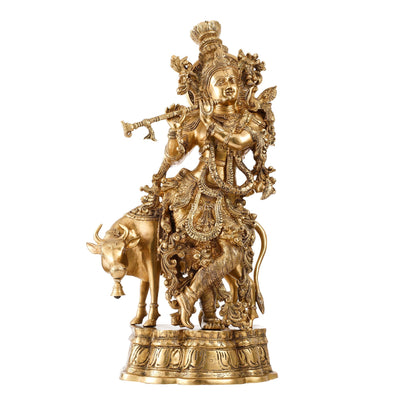 Pure Brass Krishna with Cow Idol: Divine Symbol of Love and Health, 26.5 inch