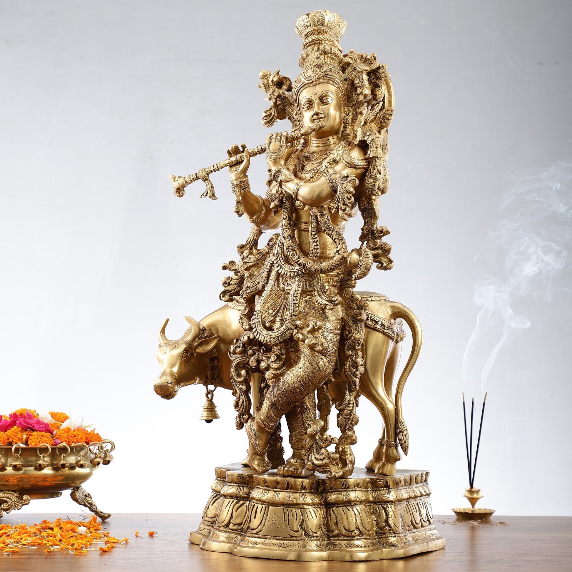 Pure Brass Krishna with Cow Idol: Divine Symbol of Love and Health, 26.5 inch