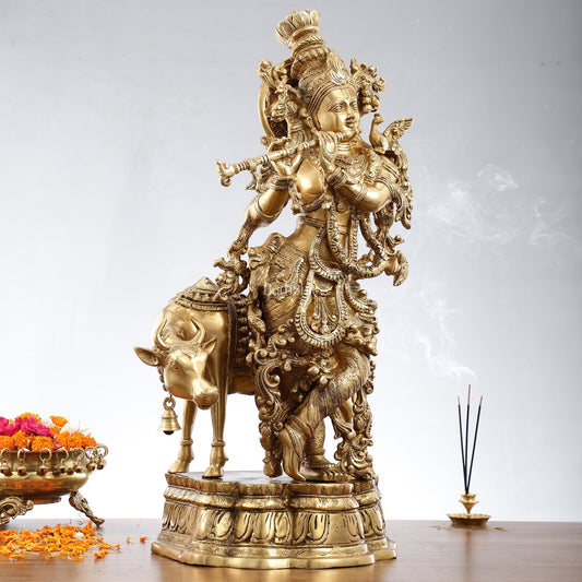 Pure Brass Krishna with Cow Idol: Divine Symbol of Love and Health, 26.5 inch