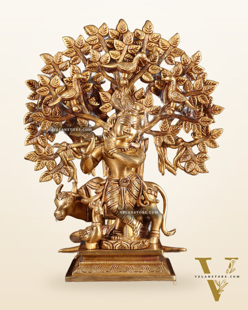 Pure Brass Krishna with Cow & Kalpavriksha Tree Combo 12 inch