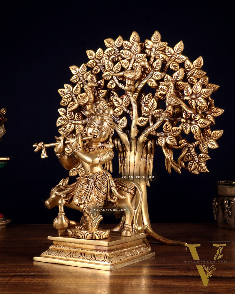 Pure Brass Krishna with Cow & Kalpavriksha Tree Combo 12 inch