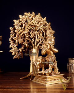 Pure Brass Krishna with Cow & Kalpavriksha Tree Combo 12 inch
