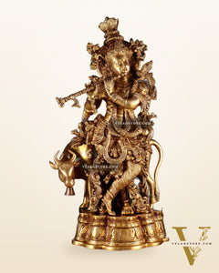Pure Brass Krishna with cow large idol 26"