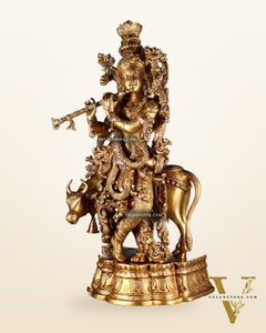 Pure Brass Krishna with cow large idol 26"