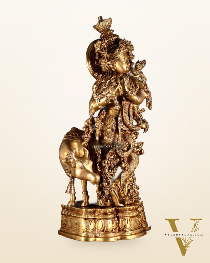 Pure Brass Krishna with cow large idol 26"