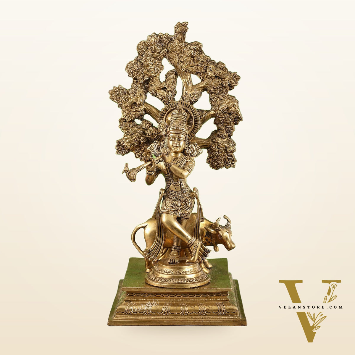 Pure Brass Krishna with Cow under Kalpavriksha Tree - 16.5 inch