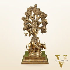 Pure Brass Krishna with Cow under Kalpavriksha Tree - 16.5 inch