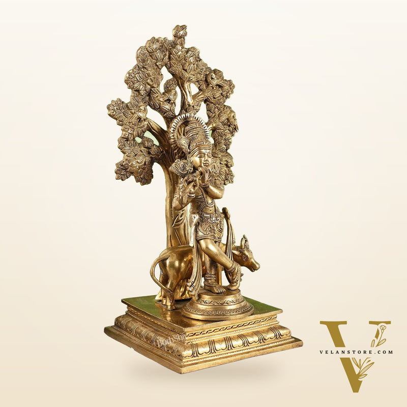 Pure Brass Krishna with Cow under Kalpavriksha Tree - 16.5 inch