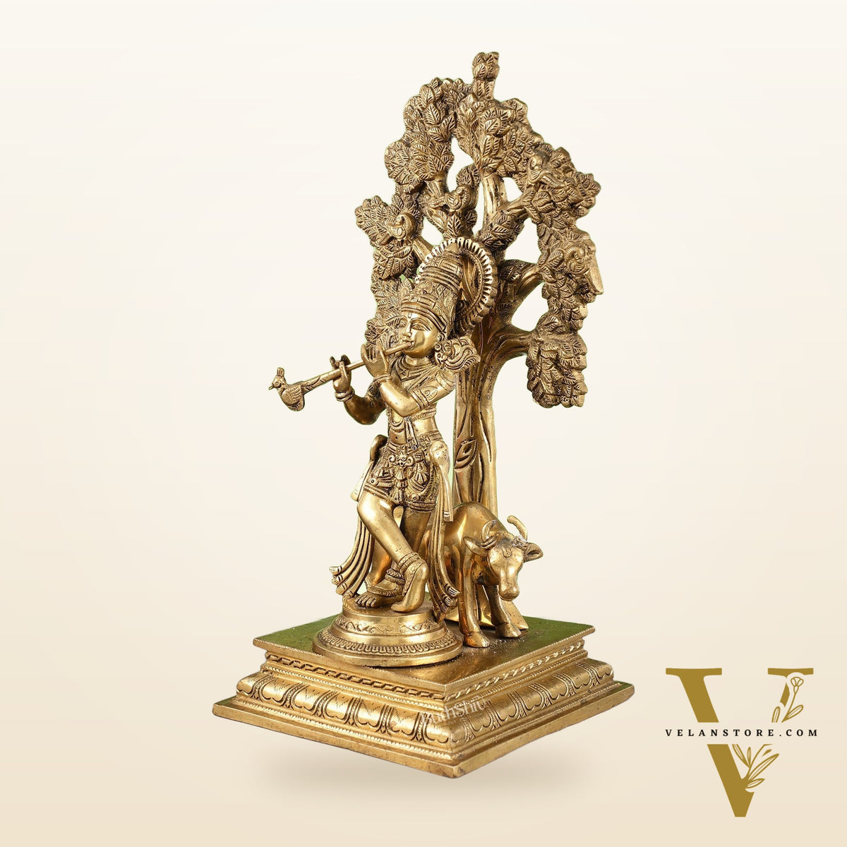 Pure Brass Krishna with Cow under Kalpavriksha Tree - 16.5 inch