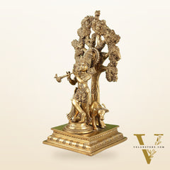 Pure Brass Krishna with Cow under Kalpavriksha Tree - 16.5 inch