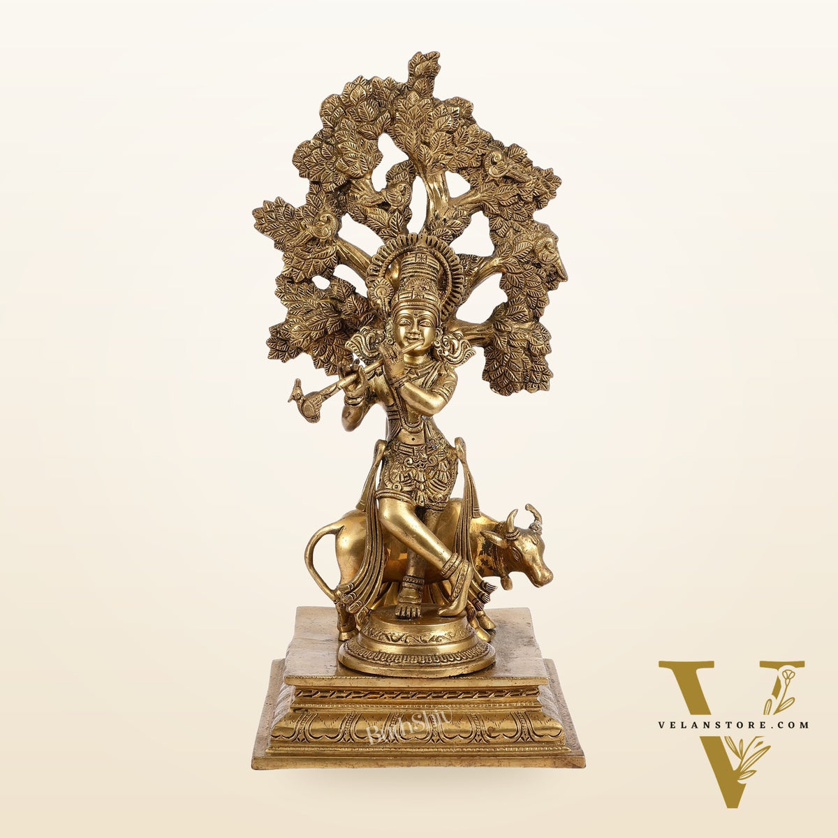 Pure Brass Krishna with Cow under Kalpavriksha Tree - 16.5 inch