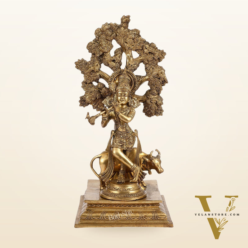 Pure Brass Krishna with Cow under Kalpavriksha Tree - 16.5 inch
