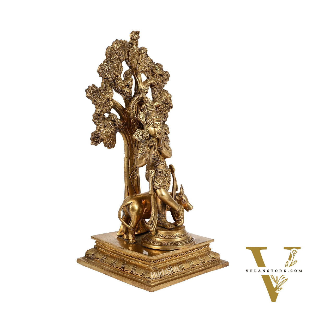 Pure Brass Krishna with Cow under Kalpavriksha Tree - 16.5 inch