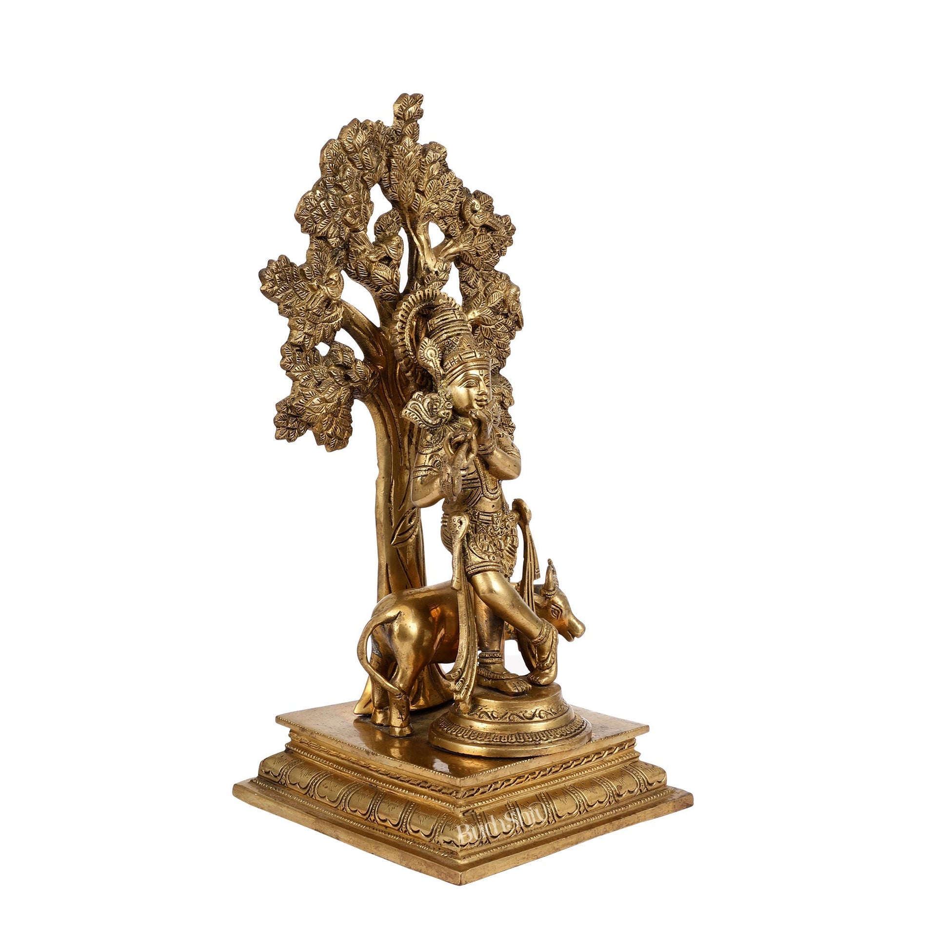 Pure Brass Krishna with Cow under Kalpavriksha Tree - 16.5 inch
