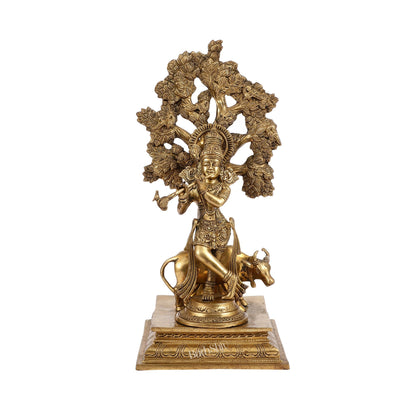 Pure Brass Krishna with Cow under Kalpavriksha Tree - 16.5 inch
