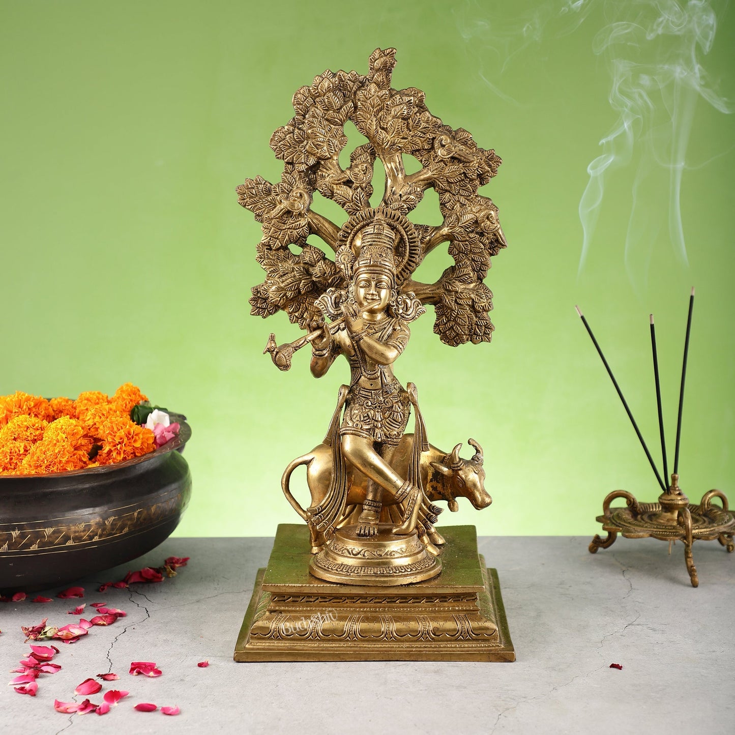 Pure Brass Krishna with Cow under Kalpavriksha Tree - 16.5 inch