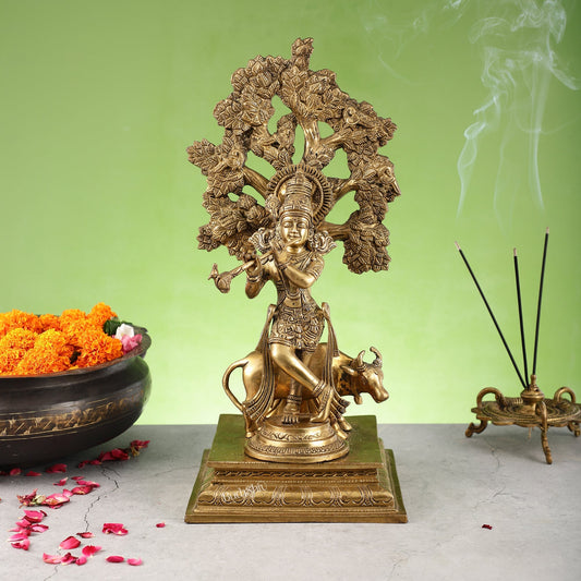 Pure Brass Krishna with Cow under Kalpavriksha Tree - 16.5 inch