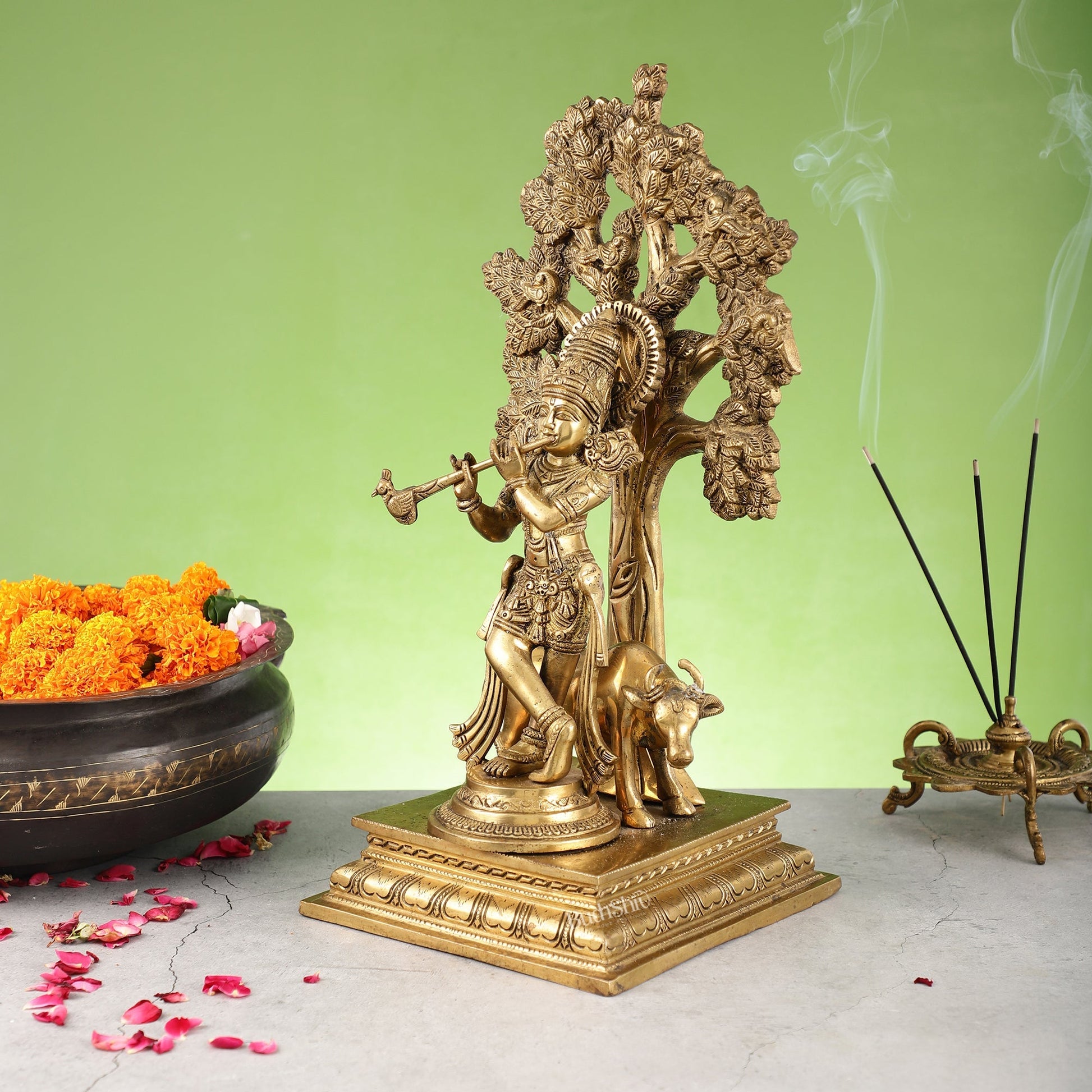 Pure Brass Krishna with Cow under Kalpavriksha Tree - 16.5 inch