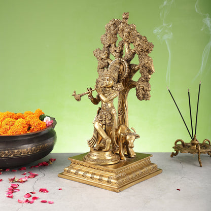 Pure Brass Krishna with Cow under Kalpavriksha Tree - 16.5 inch