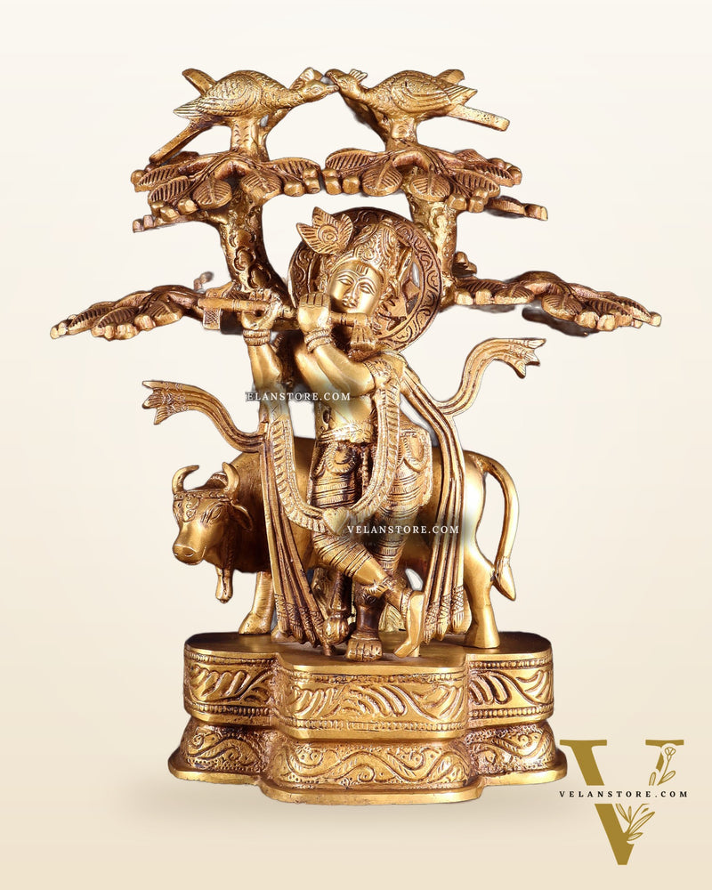 Pure Brass Krishna with Cow Under Kalpavriksha tree Statue 12 inch