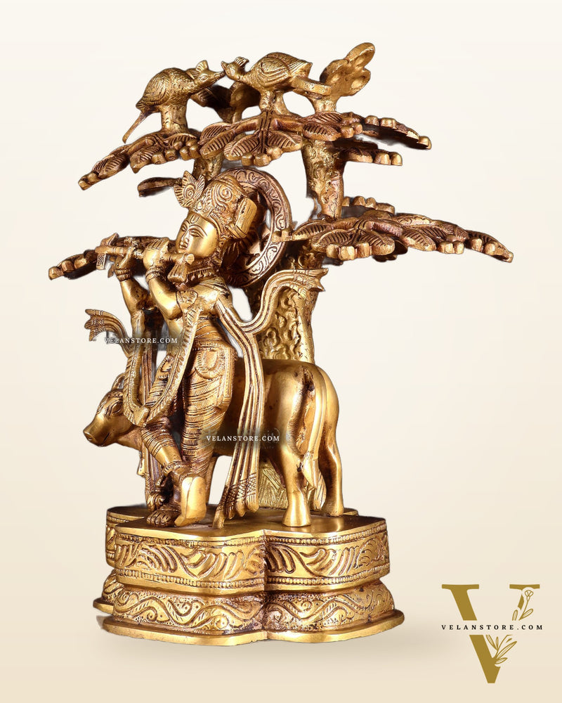 Pure Brass Krishna with Cow Under Kalpavriksha tree Statue 12 inch