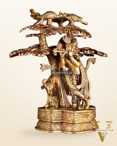 Pure Brass Krishna with Cow Under Kalpavriksha tree Statue 12 inch