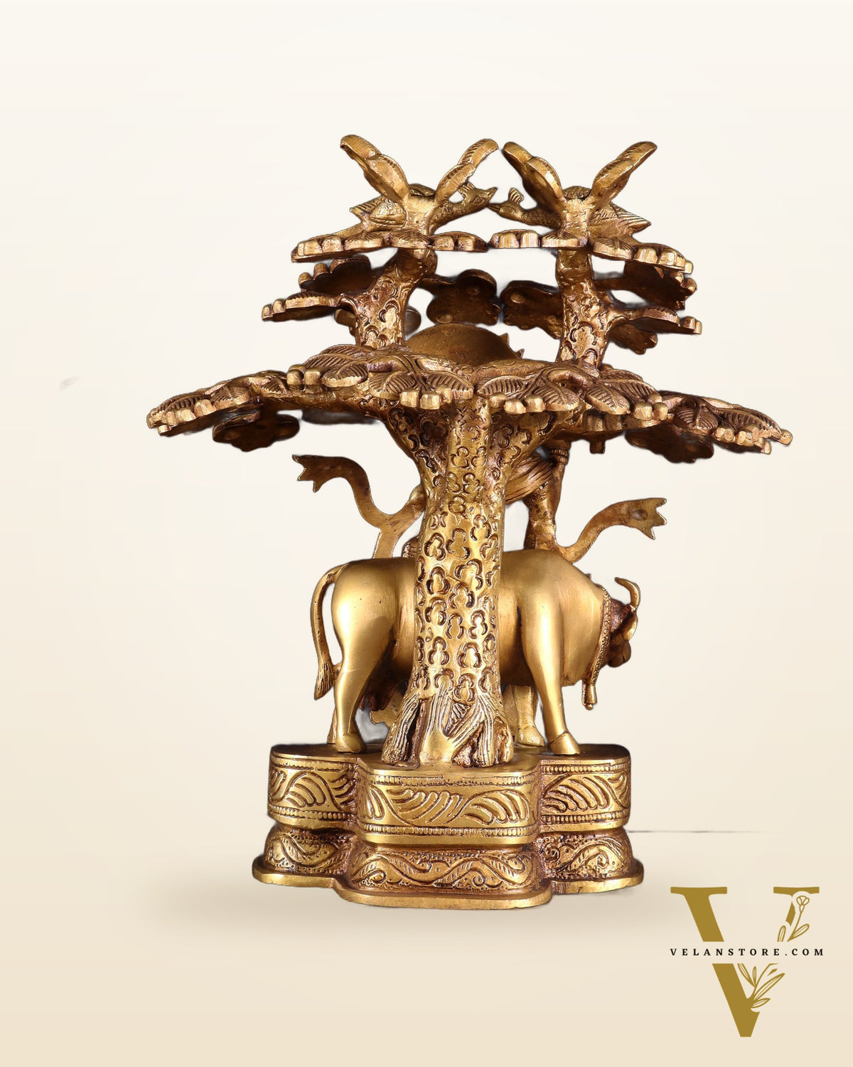 Pure Brass Krishna with Cow Under Kalpavriksha tree Statue 12 inch